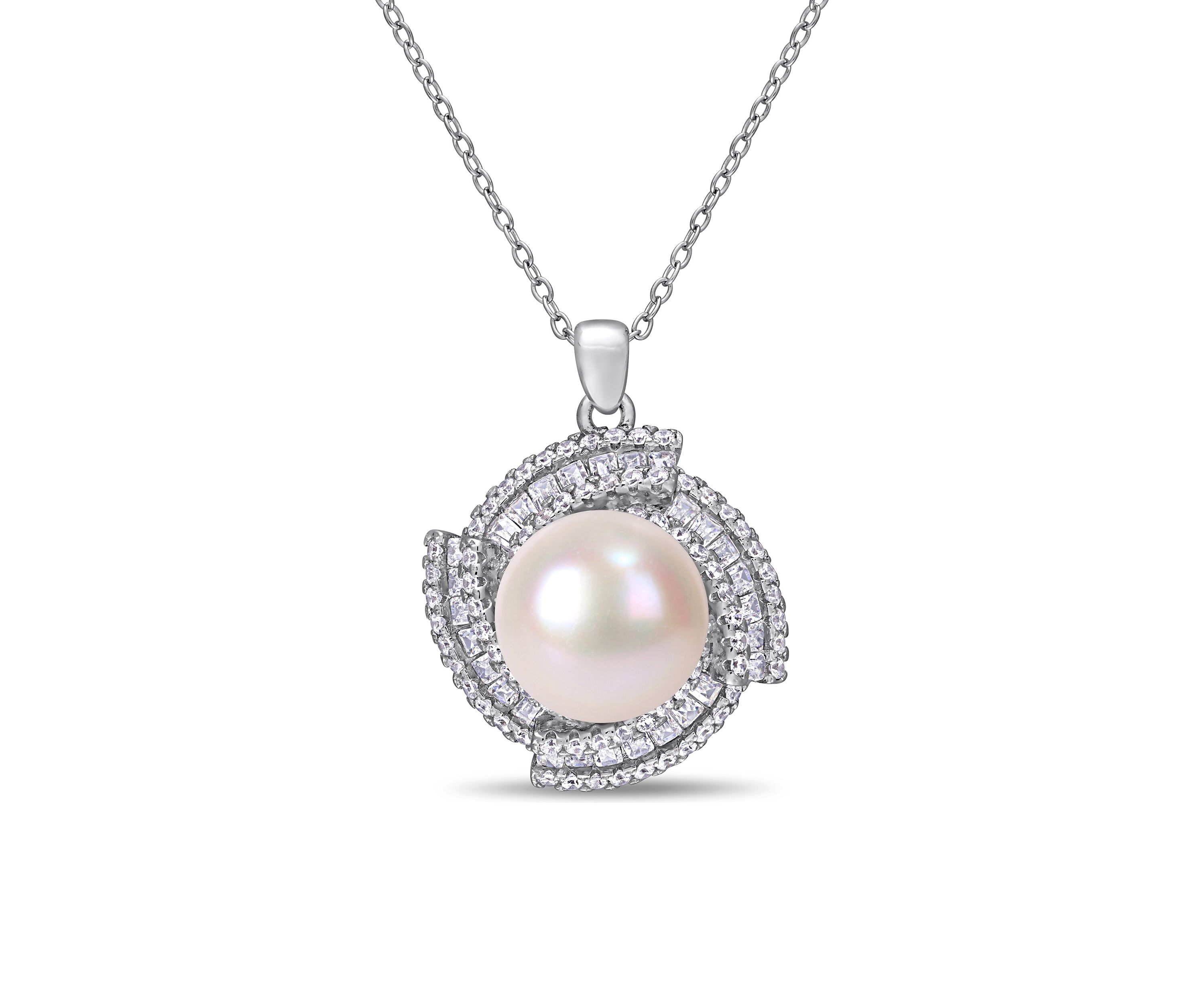 12-12.5 MM Cultured Freshwater Pearl and Cubic Zirconia Geometric Necklace in Sterling Silver