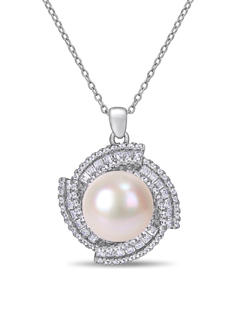 12-12.5 MM Cultured Freshwater Pearl and Cubic Zirconia Geometric Necklace in Sterling Silver