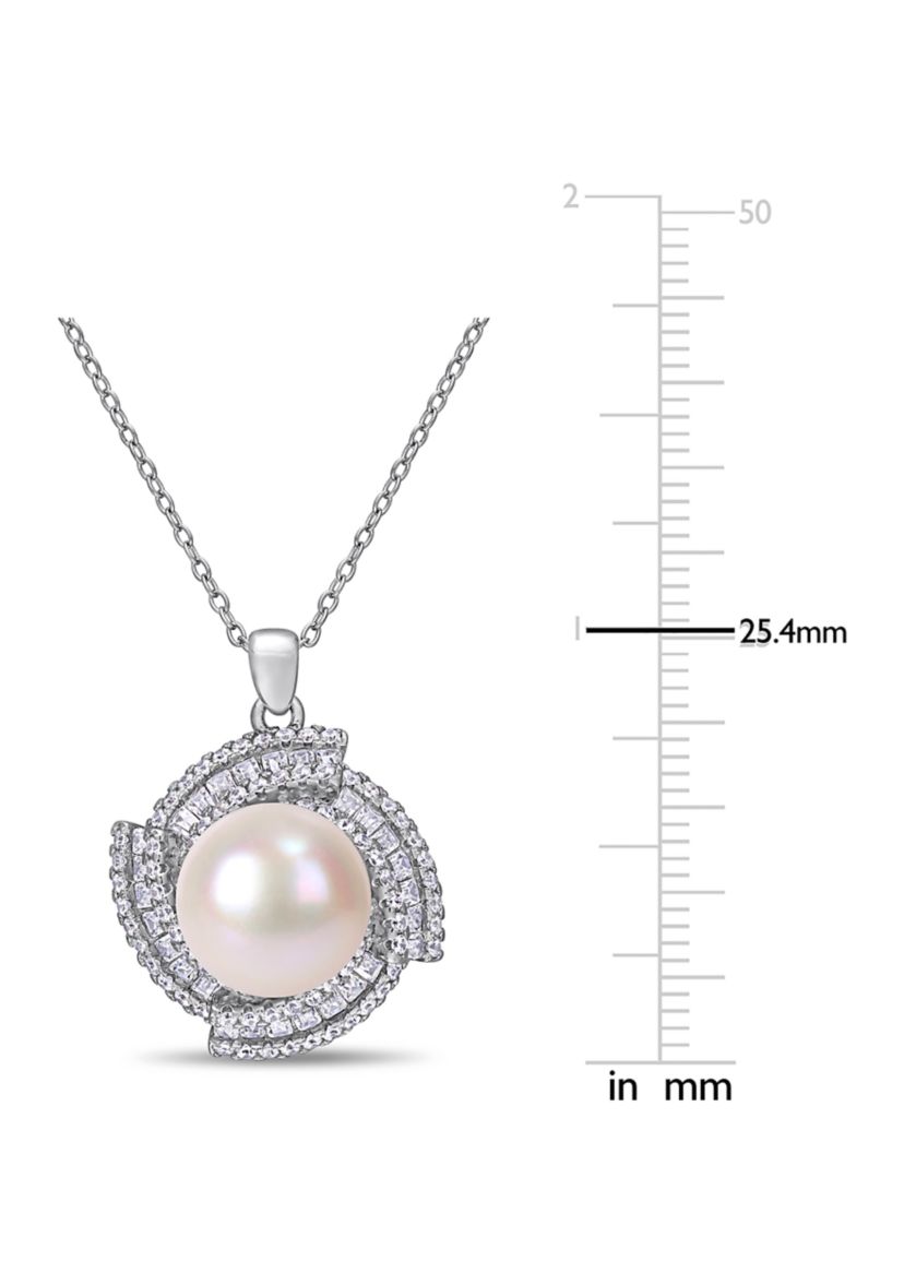 12-12.5 MM Cultured Freshwater Pearl and Cubic Zirconia Geometric Necklace in Sterling Silver