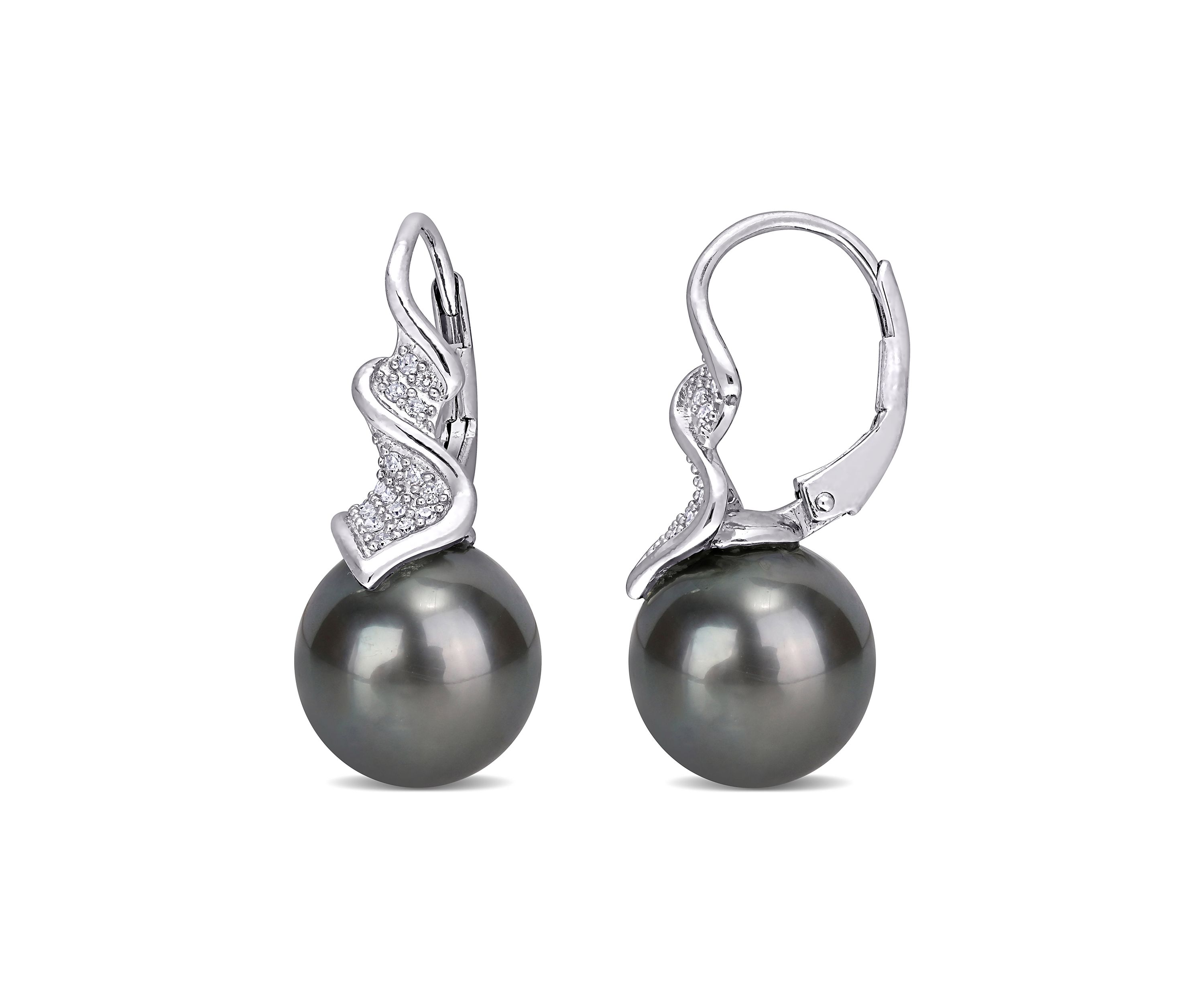 9-9.5 MM Tahitian Cultured Pearl and 1/6 ct. t.w. Diamond Drop Earrings in Sterling Silver