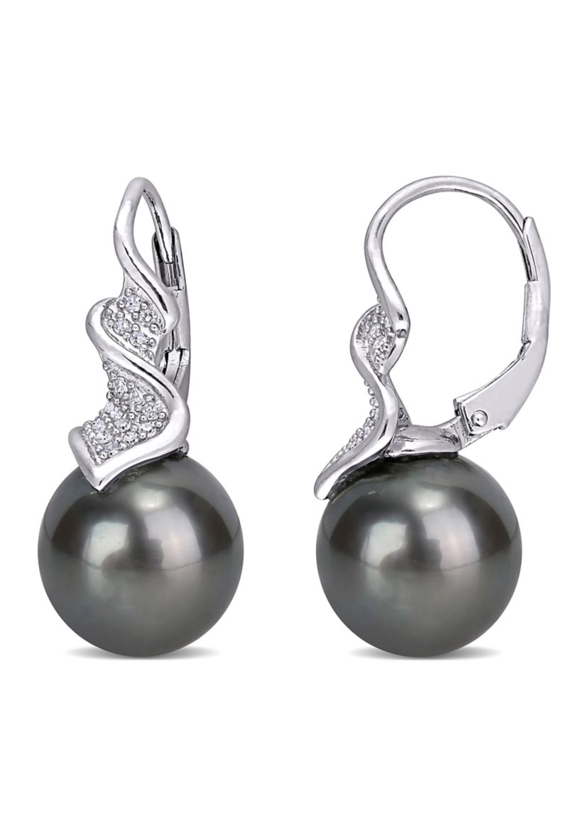 9-9.5 MM Tahitian Cultured Pearl and 1/6 ct. t.w. Diamond Drop Earrings in Sterling Silver