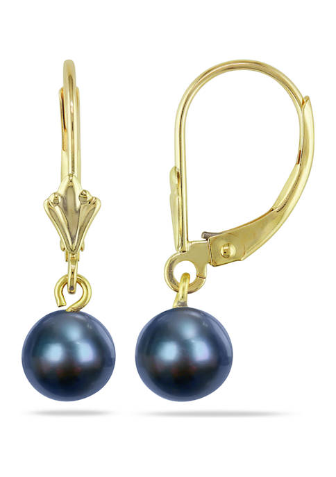 6- 6.5 Millimeter Cultured Black Freshwater Pearl Solitaire Dangle Earrings in 10k Yellow Gold