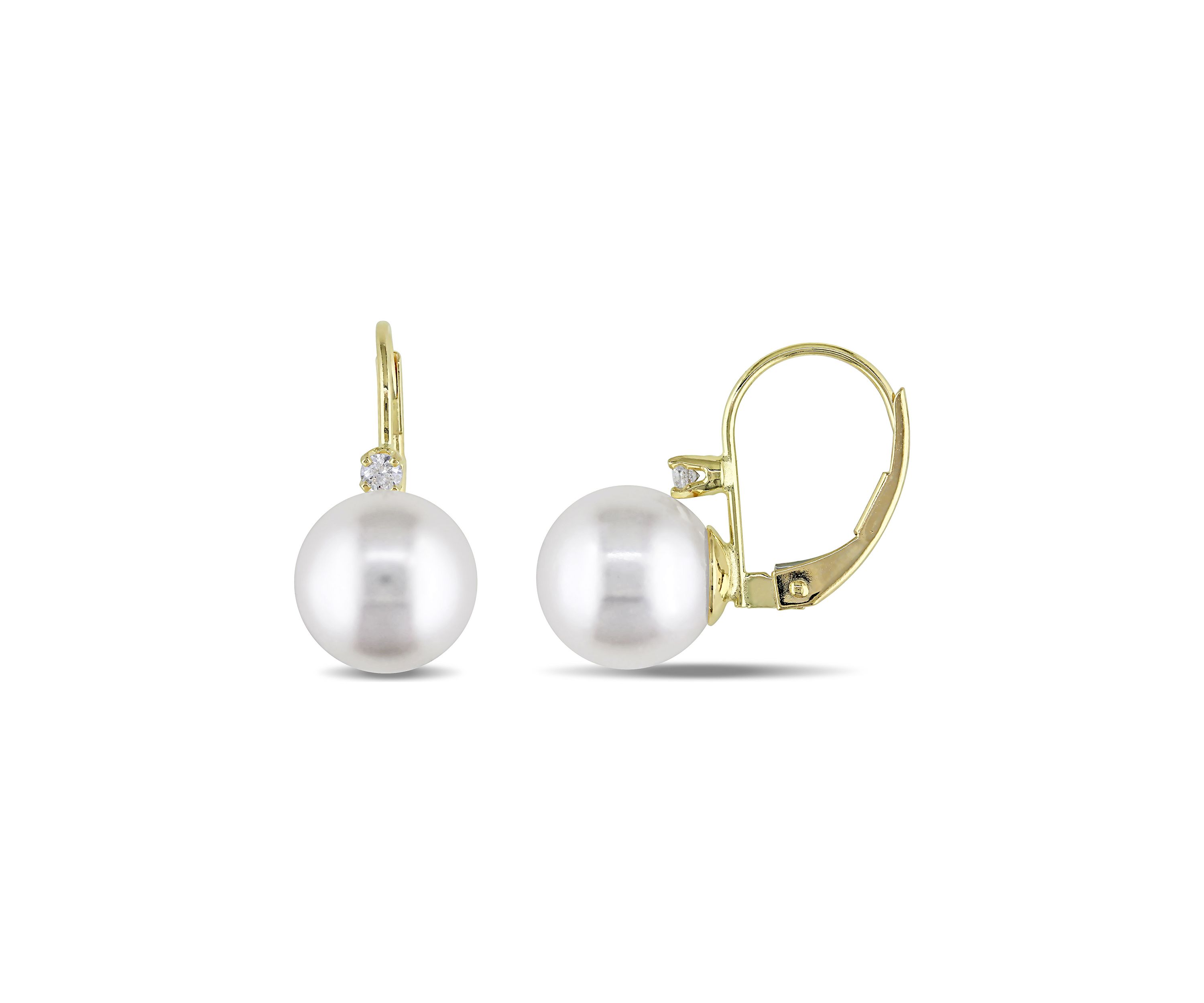 9-9.5 Millimeter Cultured Freshwater Pearl and 1/10 ct. t.w. Diamond Earrings in 14k Yellow Gold