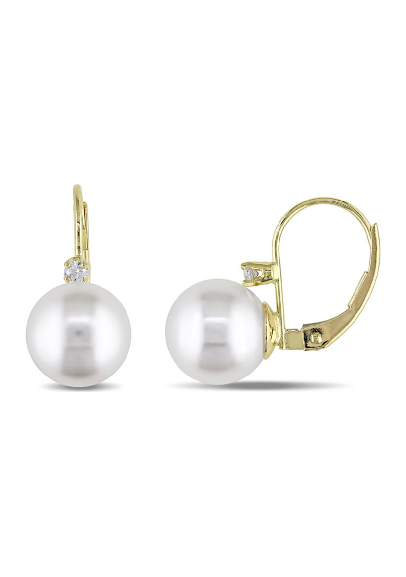 9-9.5 Millimeter Cultured Freshwater Pearl and 1/10 ct. t.w. Diamond Earrings in 14k Yellow Gold