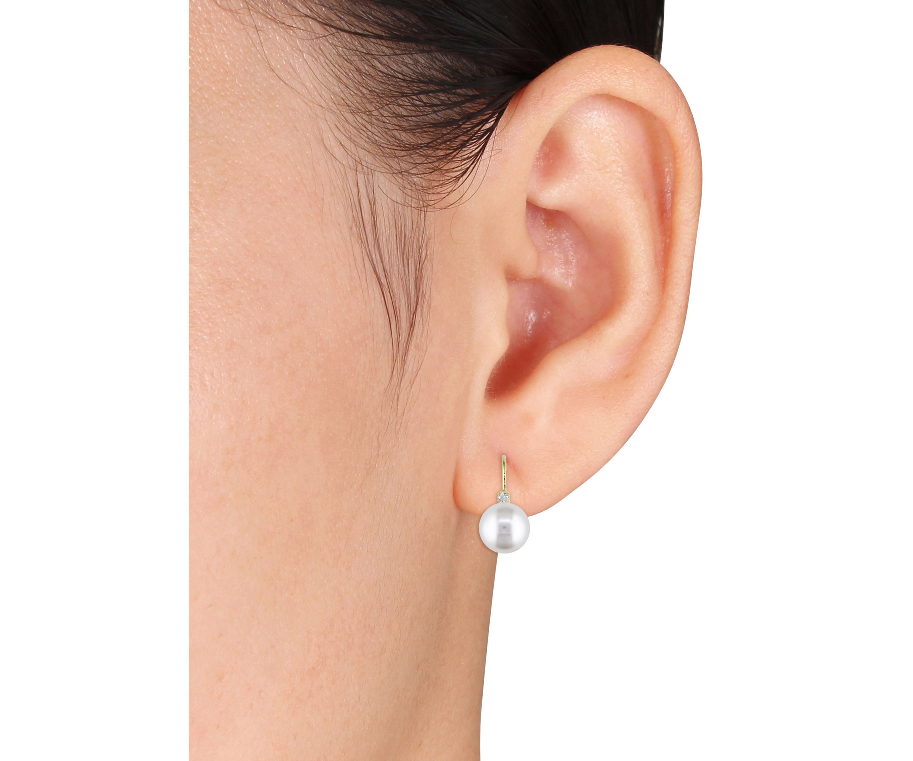 9-9.5 Millimeter Cultured Freshwater Pearl and 1/10 ct. t.w. Diamond Earrings in 14k Yellow Gold