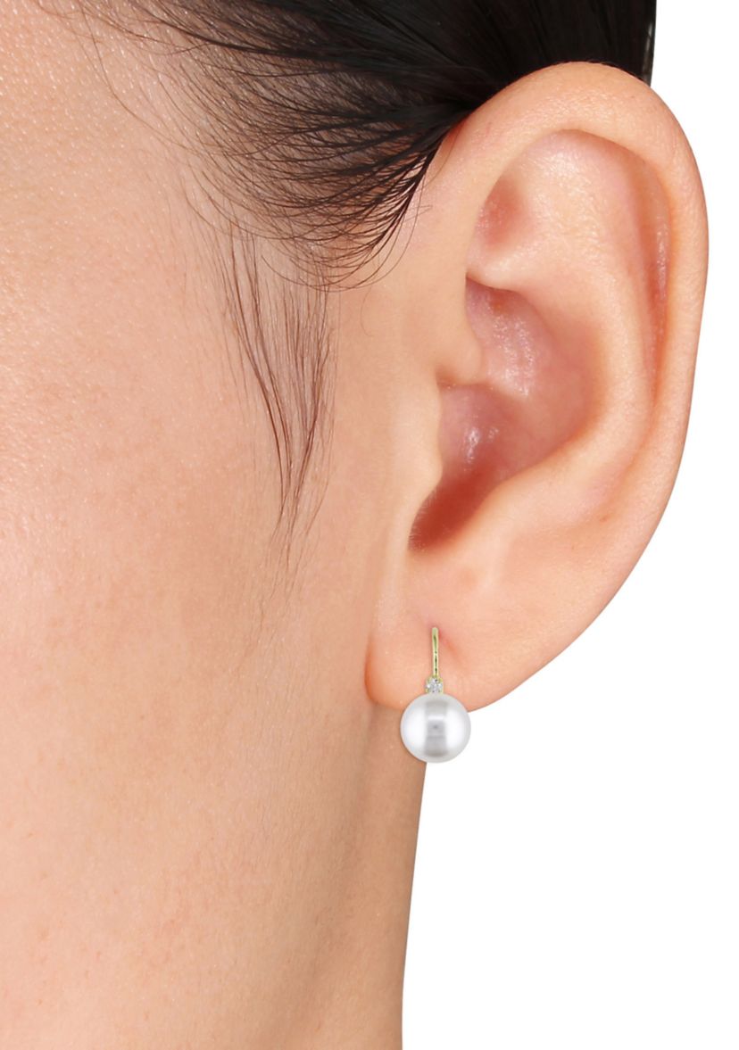 9-9.5 Millimeter Cultured Freshwater Pearl and 1/10 ct. t.w. Diamond Earrings in 14k Yellow Gold