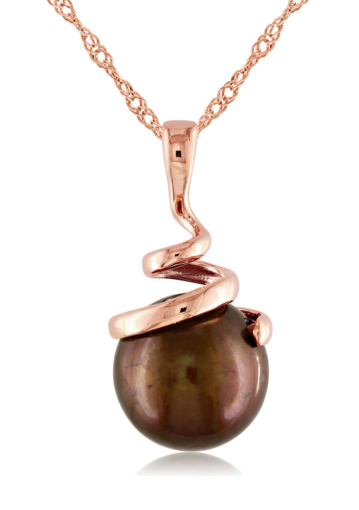 8-8.5 Millimeter Dyed Brown Freshwater Cultured Pearl Spiral Pendant with Chain in 14k Rose Gold
