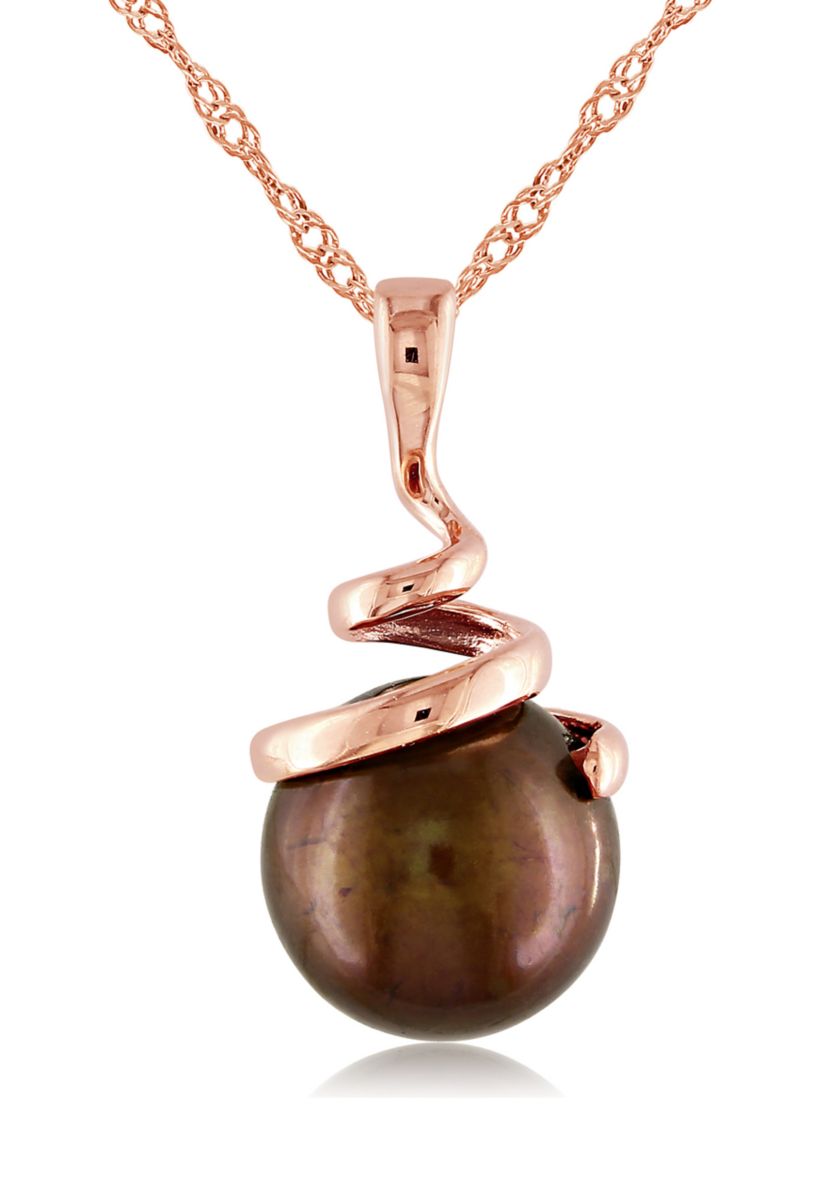 8-8.5 Millimeter Dyed Brown Freshwater Cultured Pearl Spiral Pendant with Chain in 14k Rose Gold