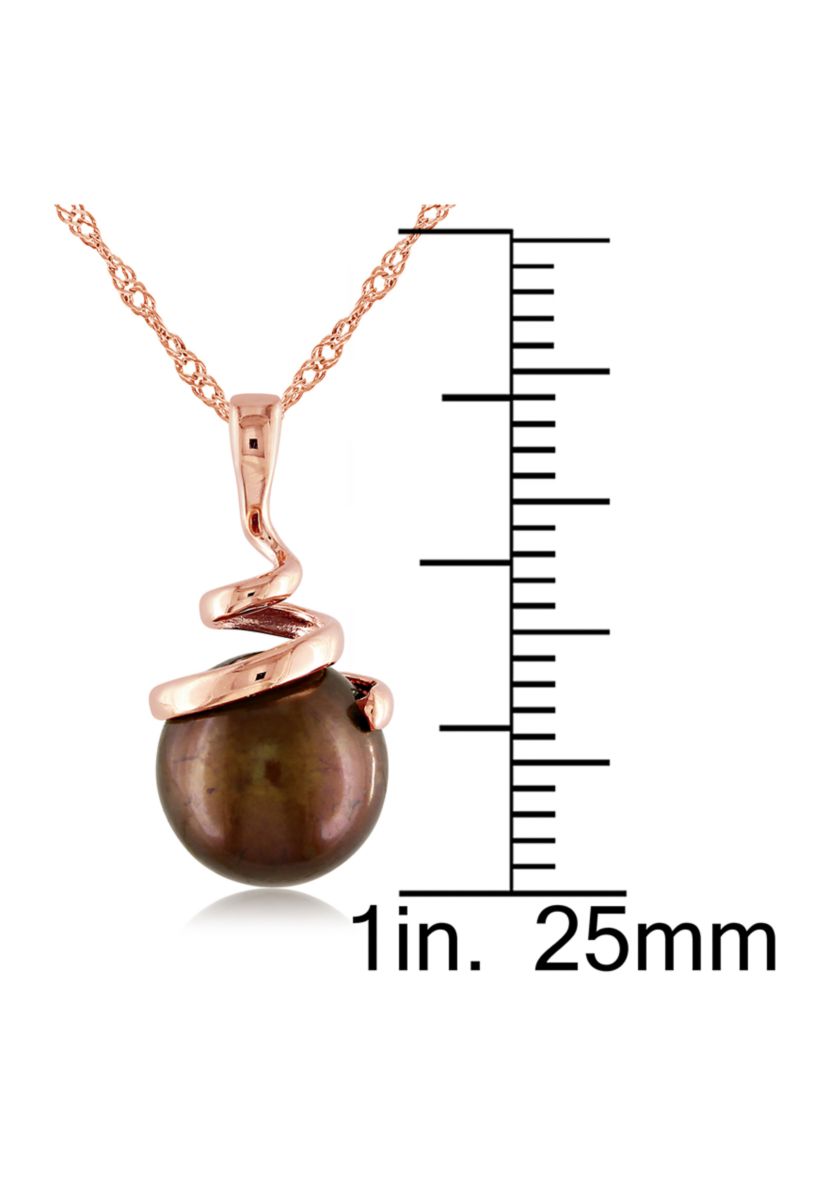 8-8.5 Millimeter Dyed Brown Freshwater Cultured Pearl Spiral Pendant with Chain in 14k Rose Gold