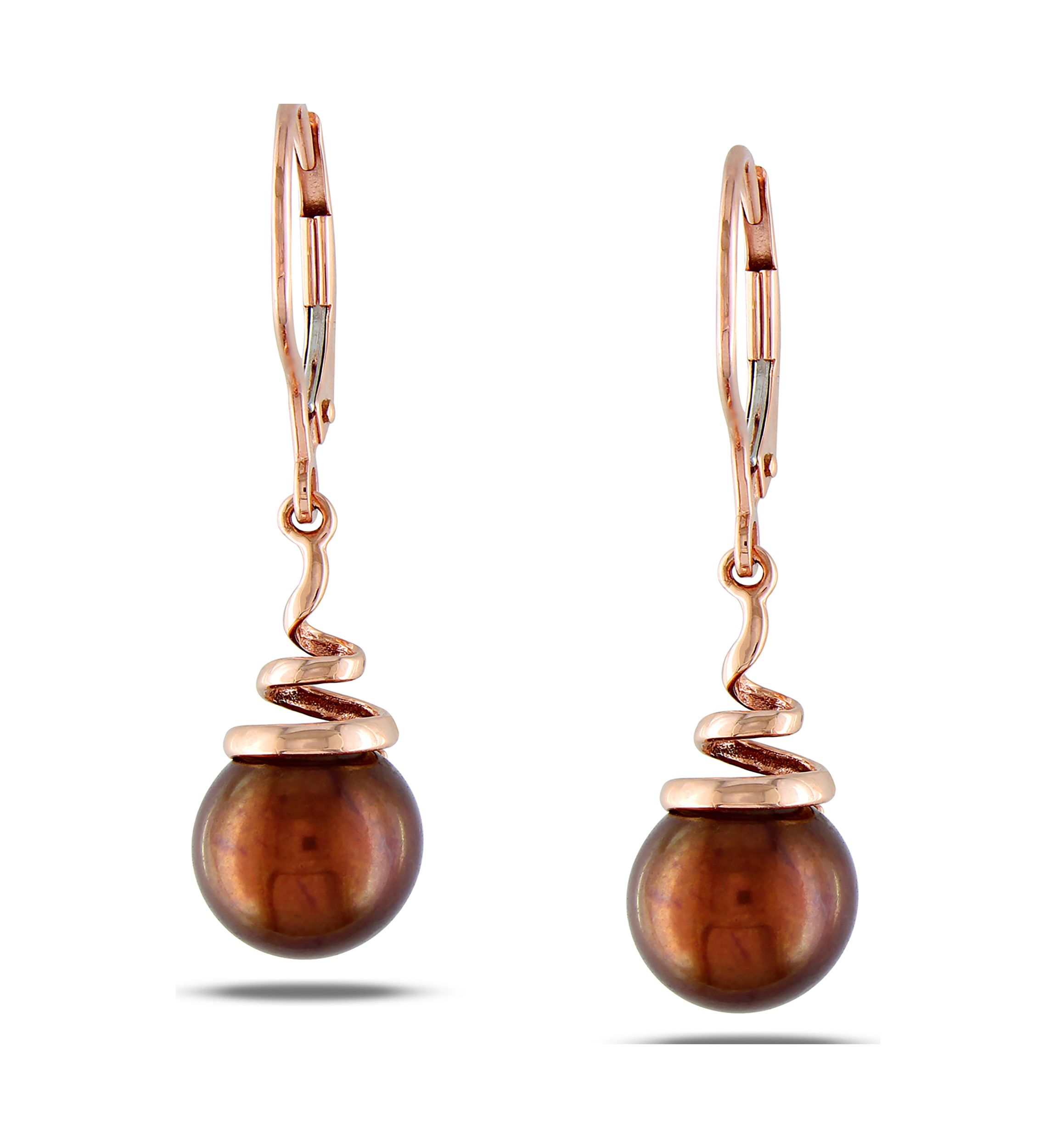 8-8.5 Millimeter Brown Cultured Freshwater Pearl Spiral Drop Earrings in 14k Rose Gold