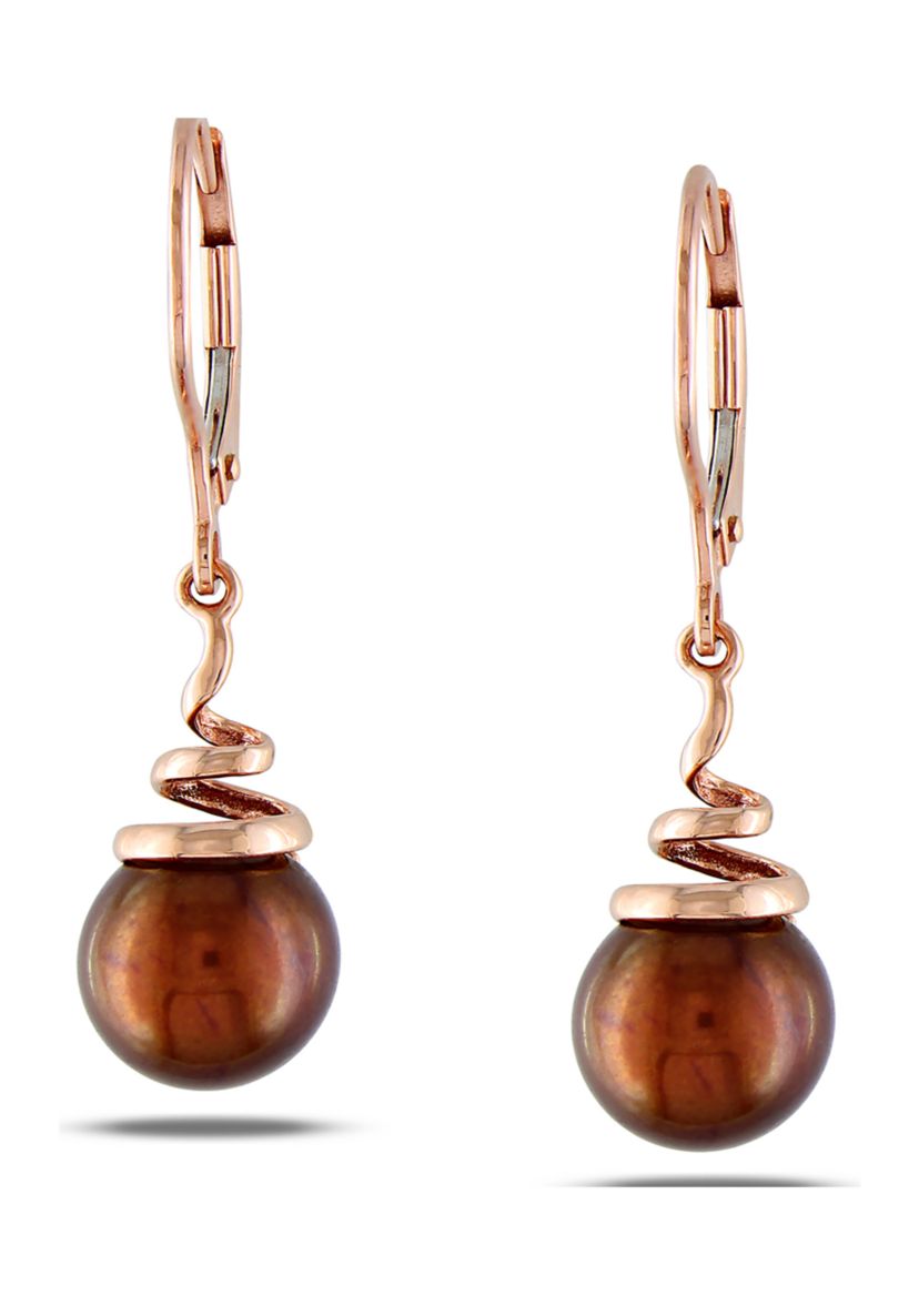 8-8.5 Millimeter Brown Cultured Freshwater Pearl Spiral Drop Earrings in 14k Rose Gold