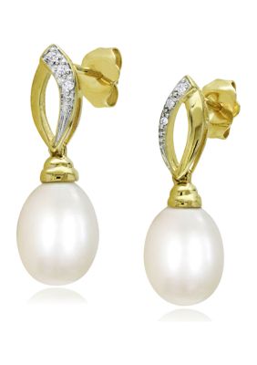 Belk & Co 7.5-8 Millimeter Cultured Freshwater Pearl And 1/10 Ct. T.w. Diamond Link Drop Earrings In 10K Yellow Gold -  0686692401334