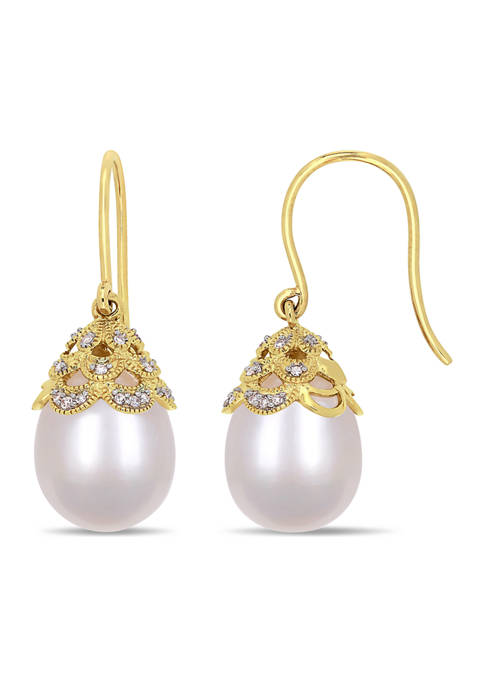 10.5-11 Millimeter Cultured Freshwater Pearl and 1/10 ct. t.w. Diamond Filigree Drop Earrings in 14k Yellow Gold