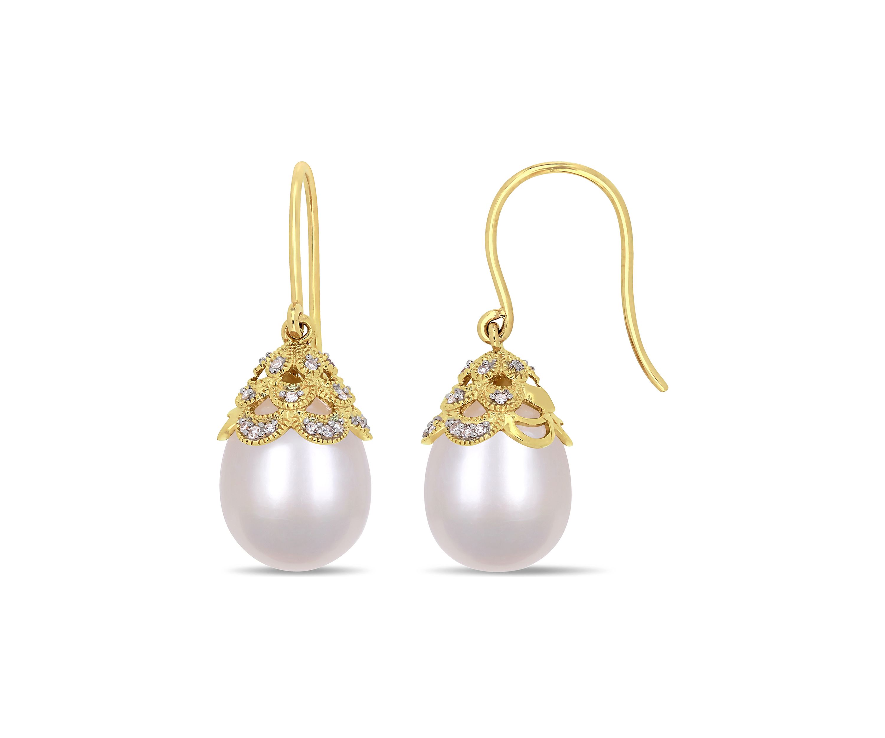 10.5-11 Millimeter Cultured Freshwater Pearl and 1/10 ct. t.w. Diamond Filigree Drop Earrings in 14k Yellow Gold