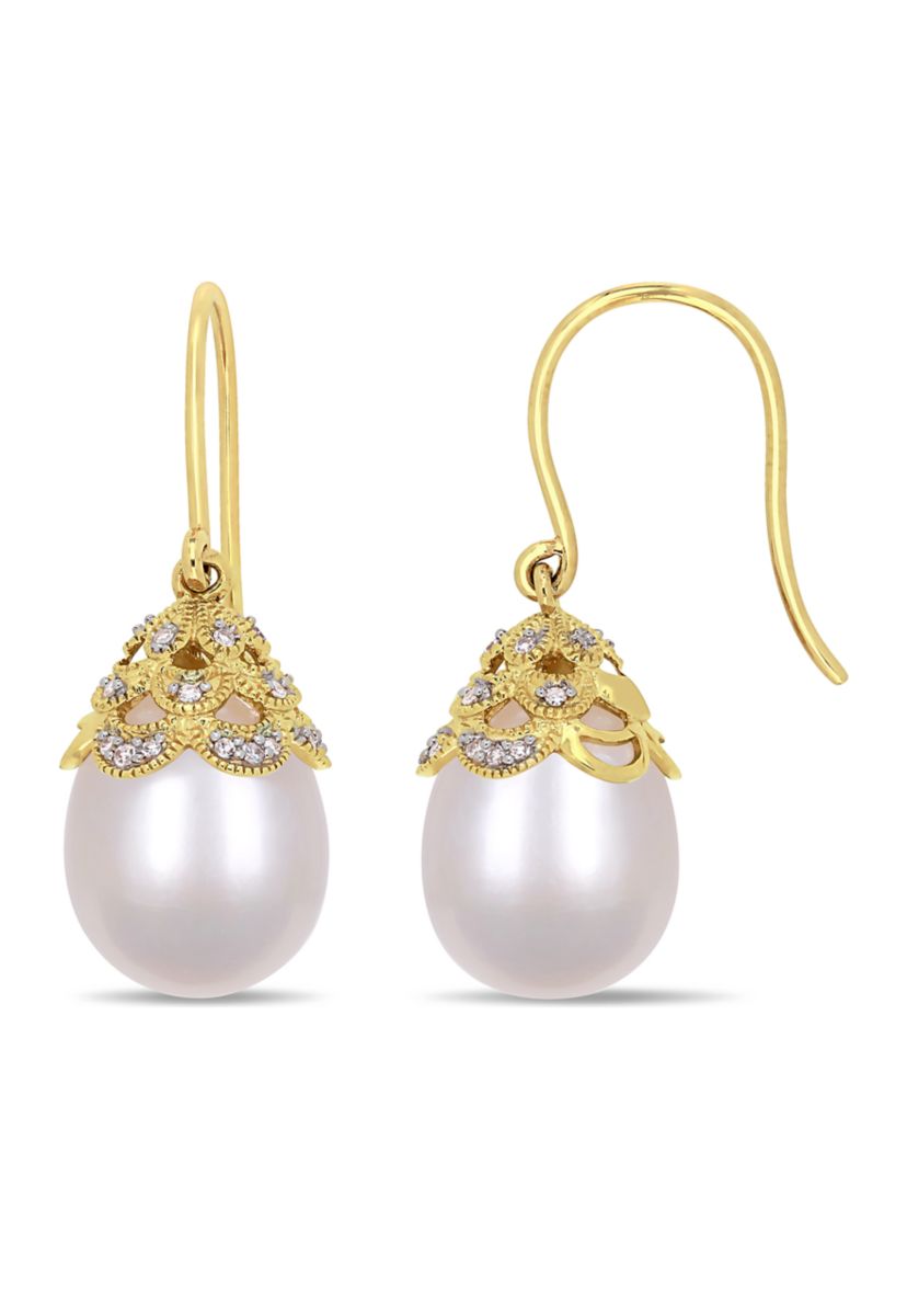 10.5-11 Millimeter Cultured Freshwater Pearl and 1/10 ct. t.w. Diamond Filigree Drop Earrings in 14k Yellow Gold