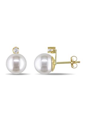 Belk & Co 8-9 Millimeter Cultured Freshwater Pearl and 1/10 ct. t.w. Diamond Stud Earrings in 14k Yellow Gold
