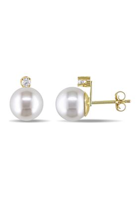 Belk & Co 8-9 Millimeter Cultured Freshwater Pearl And 1/10 Ct. T.w. Diamond Stud Earrings In 14K Yellow Gold -  0686692401259