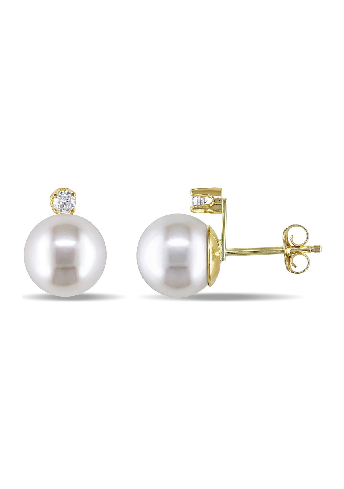 8-9 Millimeter Cultured Freshwater Pearl and 1/10 ct. t.w. Diamond Stud Earrings in 14k Yellow Gold