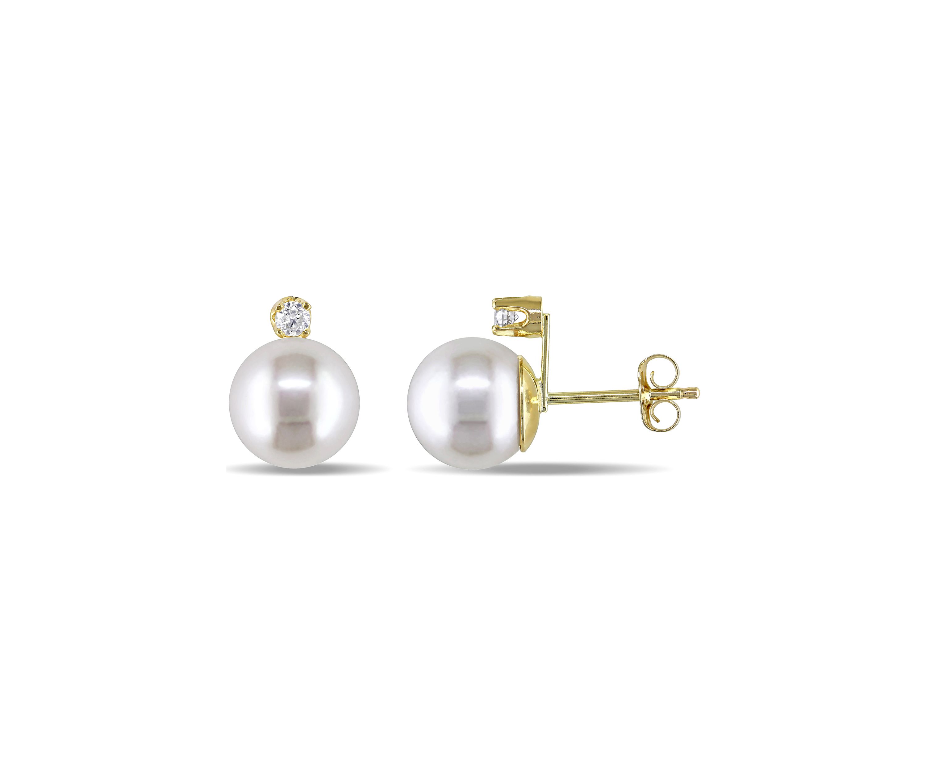 8-9 Millimeter Cultured Freshwater Pearl and 1/10 ct. t.w. Diamond Stud Earrings in 14k Yellow Gold