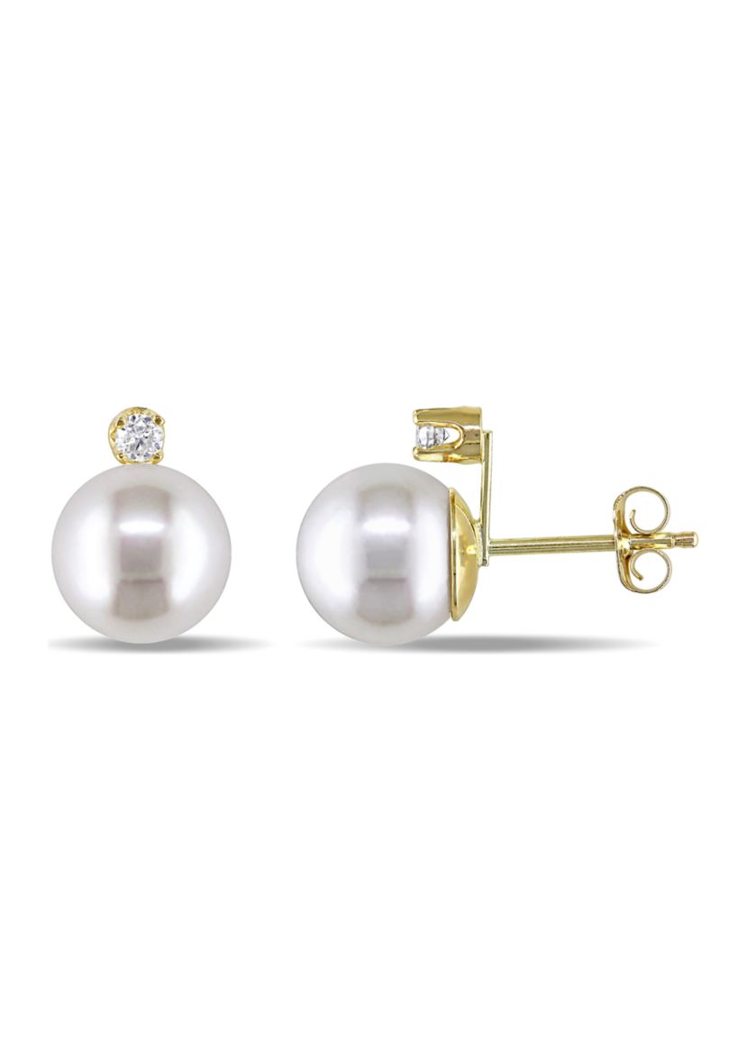 8-9 Millimeter Cultured Freshwater Pearl and 1/10 ct. t.w. Diamond Stud Earrings in 14k Yellow Gold
