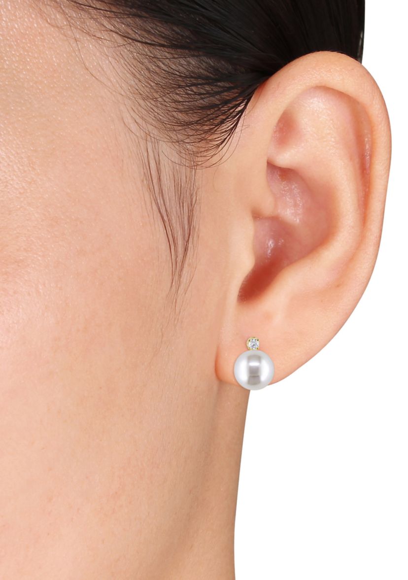 8-9 Millimeter Cultured Freshwater Pearl and 1/10 ct. t.w. Diamond Stud Earrings in 14k Yellow Gold