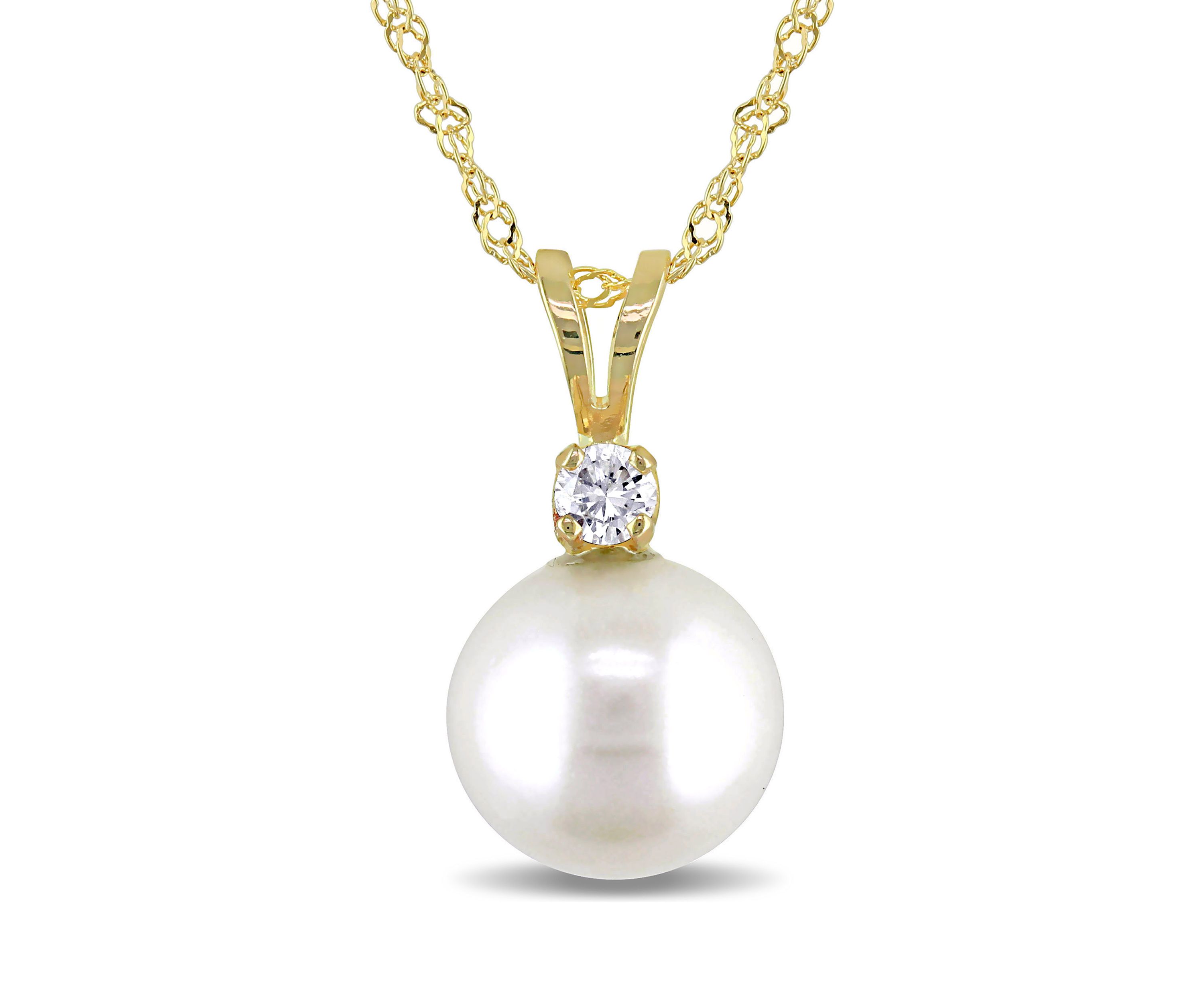 8-8.5 Millimeter Cultured Freshwater Pearl and Diamond Pendant with Chain in 14k Yellow Gold