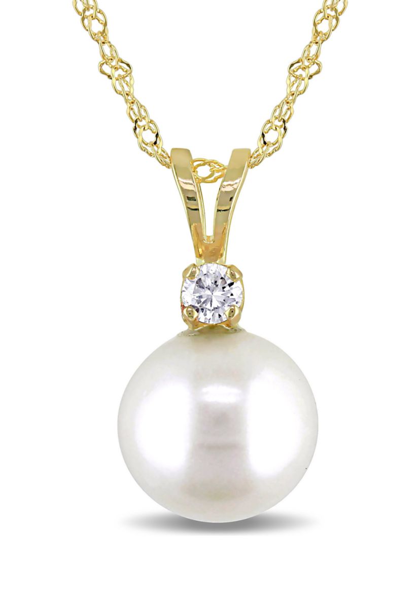8-8.5 Millimeter Cultured Freshwater Pearl and Diamond Pendant with Chain in 14k Yellow Gold