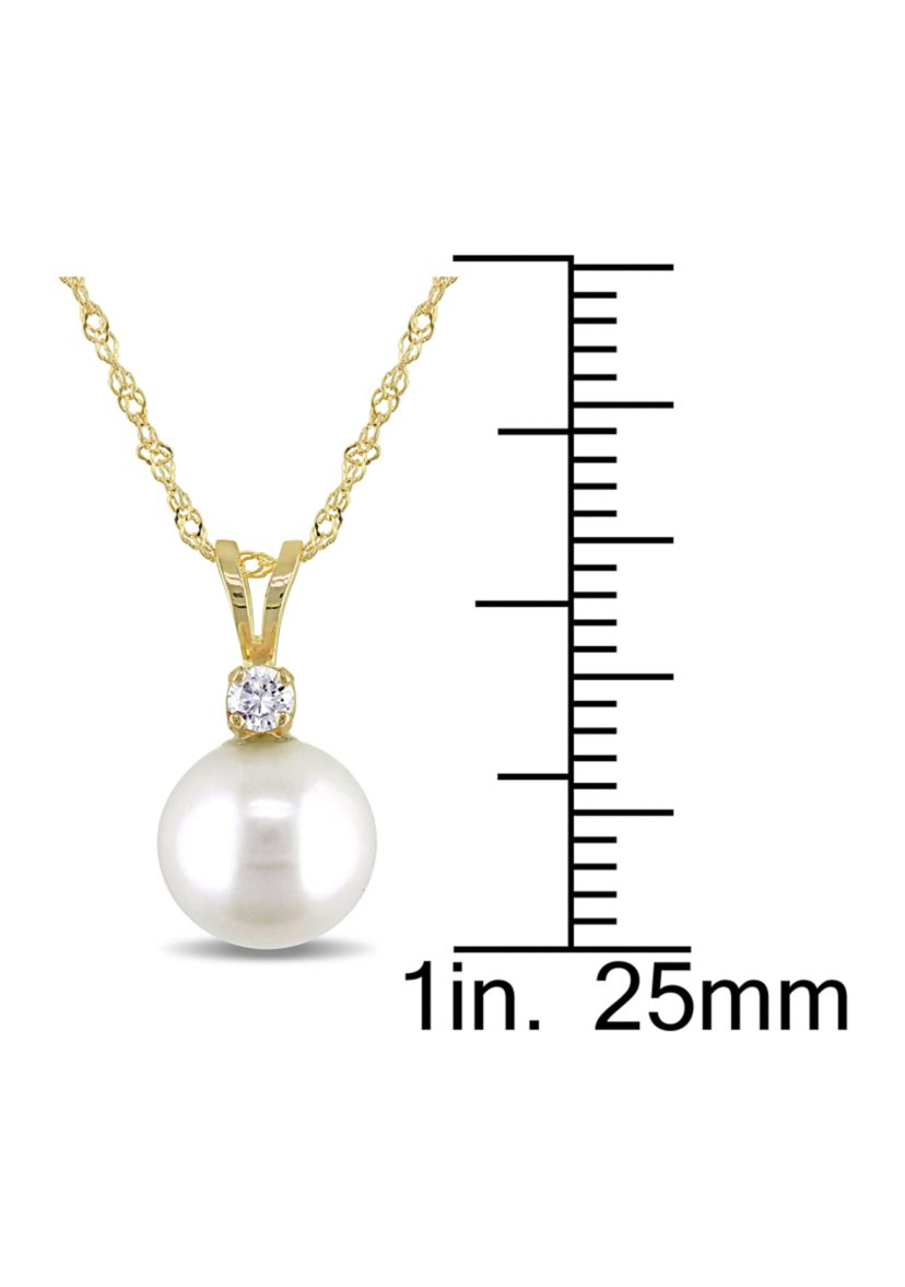 8-8.5 Millimeter Cultured Freshwater Pearl and Diamond Pendant with Chain in 14k Yellow Gold