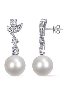 Belk & Co 13-13.5 Millimeter South Sea Cultured Pearl and 2.5 ct. t.w. Diamond Floral Dangle Earrings in 14k White Gold