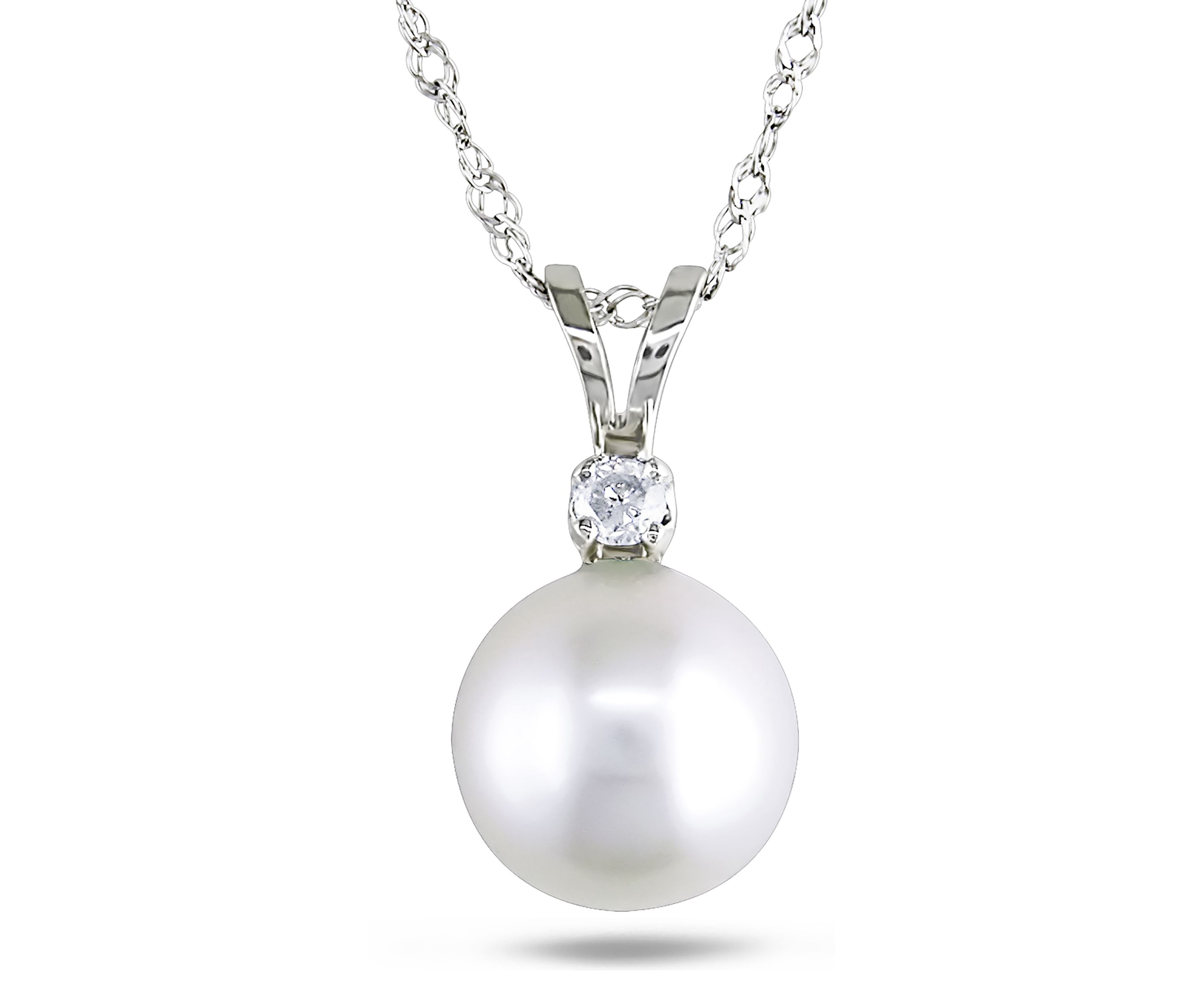 7-7.5 Millimeter Cultured Freshwater Pearl and Diamond Accent Drop Pendant with Chain in 14k White Gold