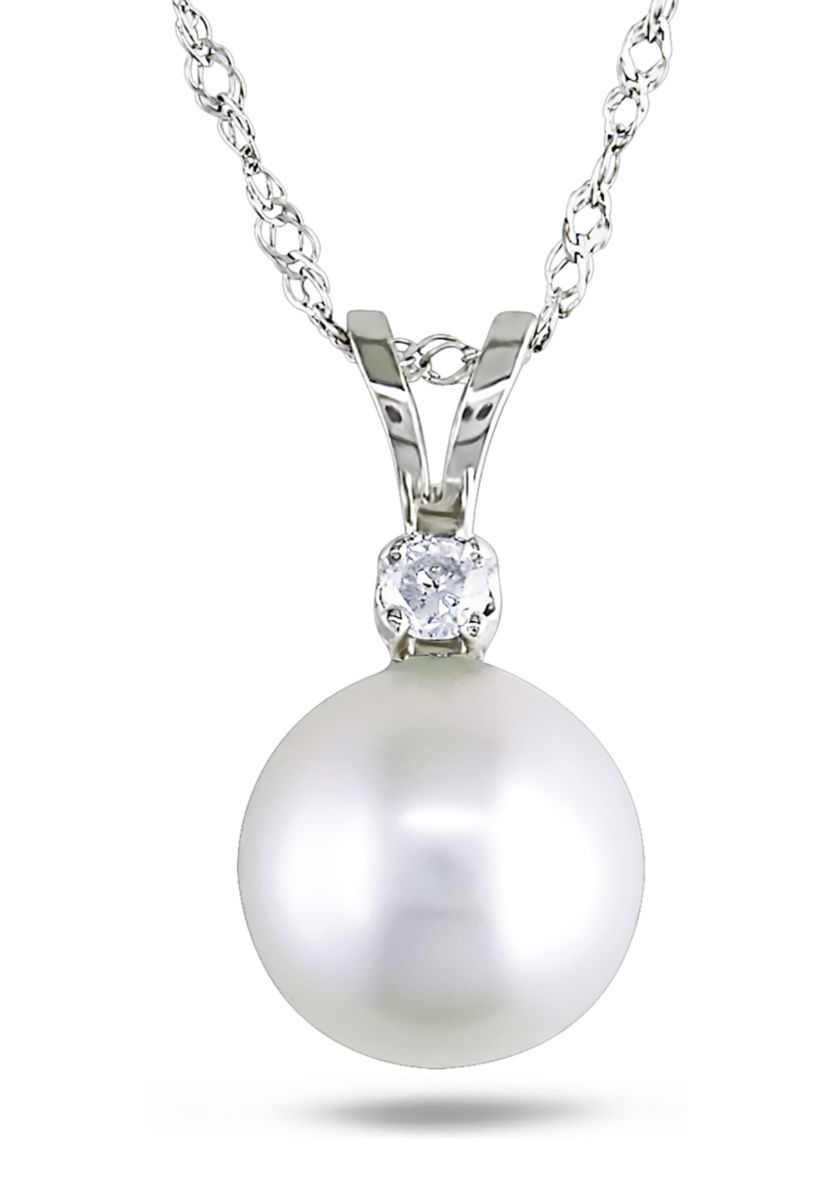 7-7.5 Millimeter Cultured Freshwater Pearl and Diamond Accent Drop Pendant with Chain in 14k White Gold