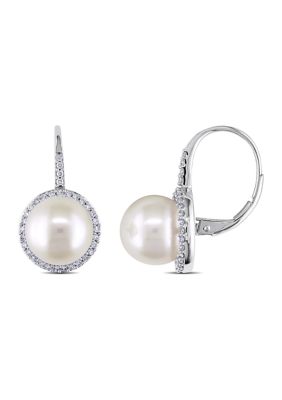 Belk & Co 9.5-10 Millimeter Cultured Freshwater Pearl And 1/3 Ct. T.w. Diamond Halo Earrings In 14K White Gold