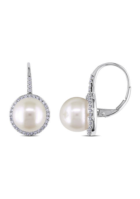 9.5-10 Millimeter Cultured Freshwater Pearl and 1/3 ct. t.w. Diamond Halo Earrings in 14k White Gold