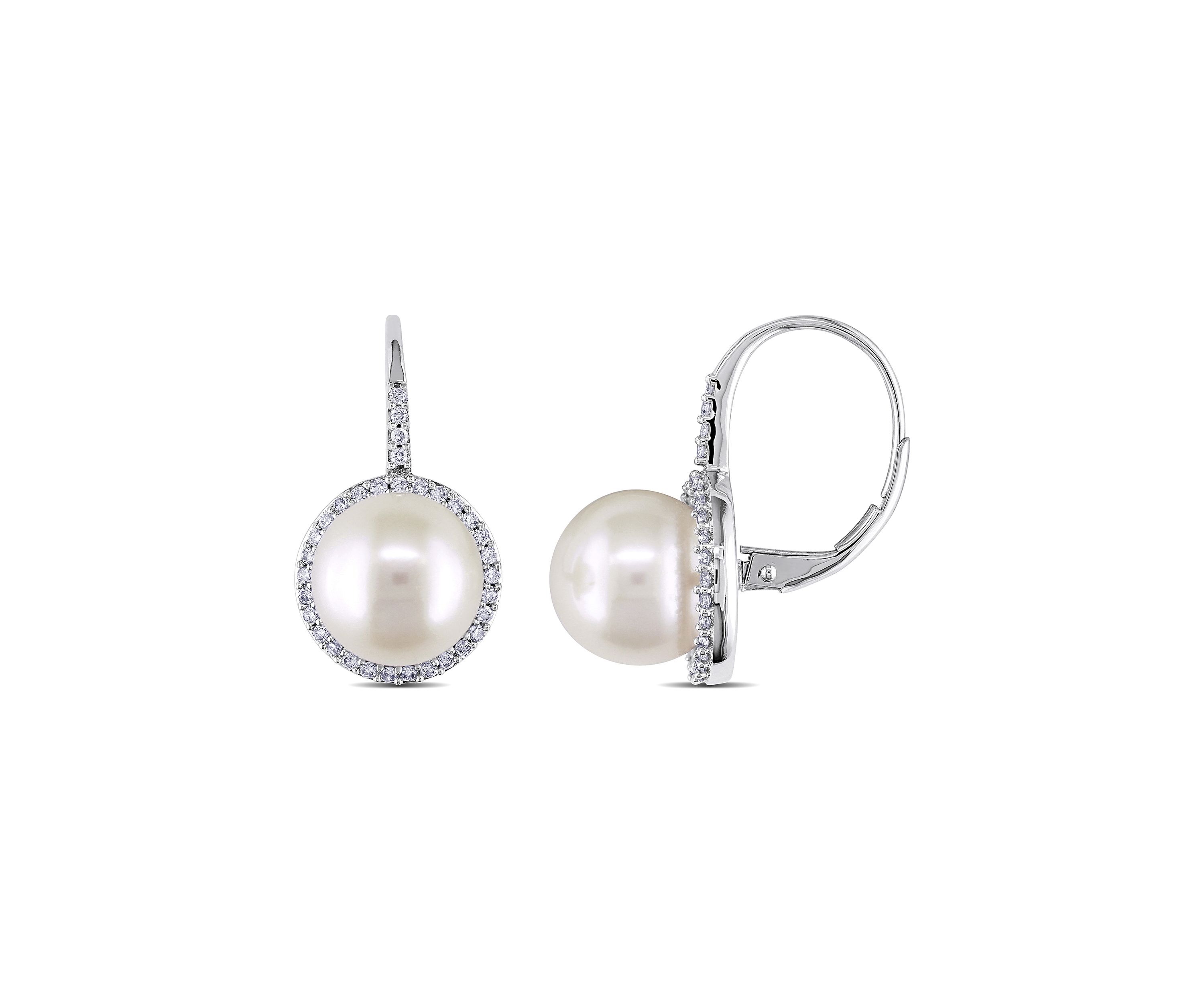 9.5-10 Millimeter Cultured Freshwater Pearl and 1/3 ct. t.w. Diamond Halo Earrings in 14k White Gold