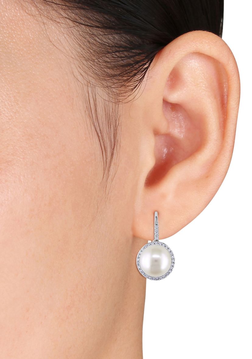 9.5-10 Millimeter Cultured Freshwater Pearl and 1/3 ct. t.w. Diamond Halo Earrings in 14k White Gold