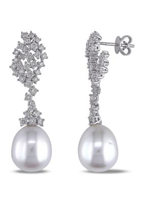 Belk & Co 11.5-12 Millimeter South Sea Cultured Pearl And 2 Ct. T.w. Diamond Cluster Drop Earrings In 14K White Gold