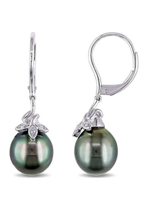 9-10 Millimeter Tahitian Cultured Pearl and Diamond Accent Leaf Earrings in 10k White Gold