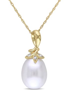 Belk & Co 9-10 Millimeter Cultured Freshwater Pearl and Diamond Accent Twist Pendant with Chain in 10k Yellow Gold