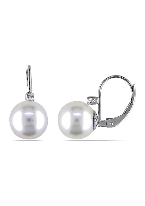 9-10 Millimeter South Sea Cultured Pearl and 1/10 ct. t.w. Diamond Earrings in 14k White Gold