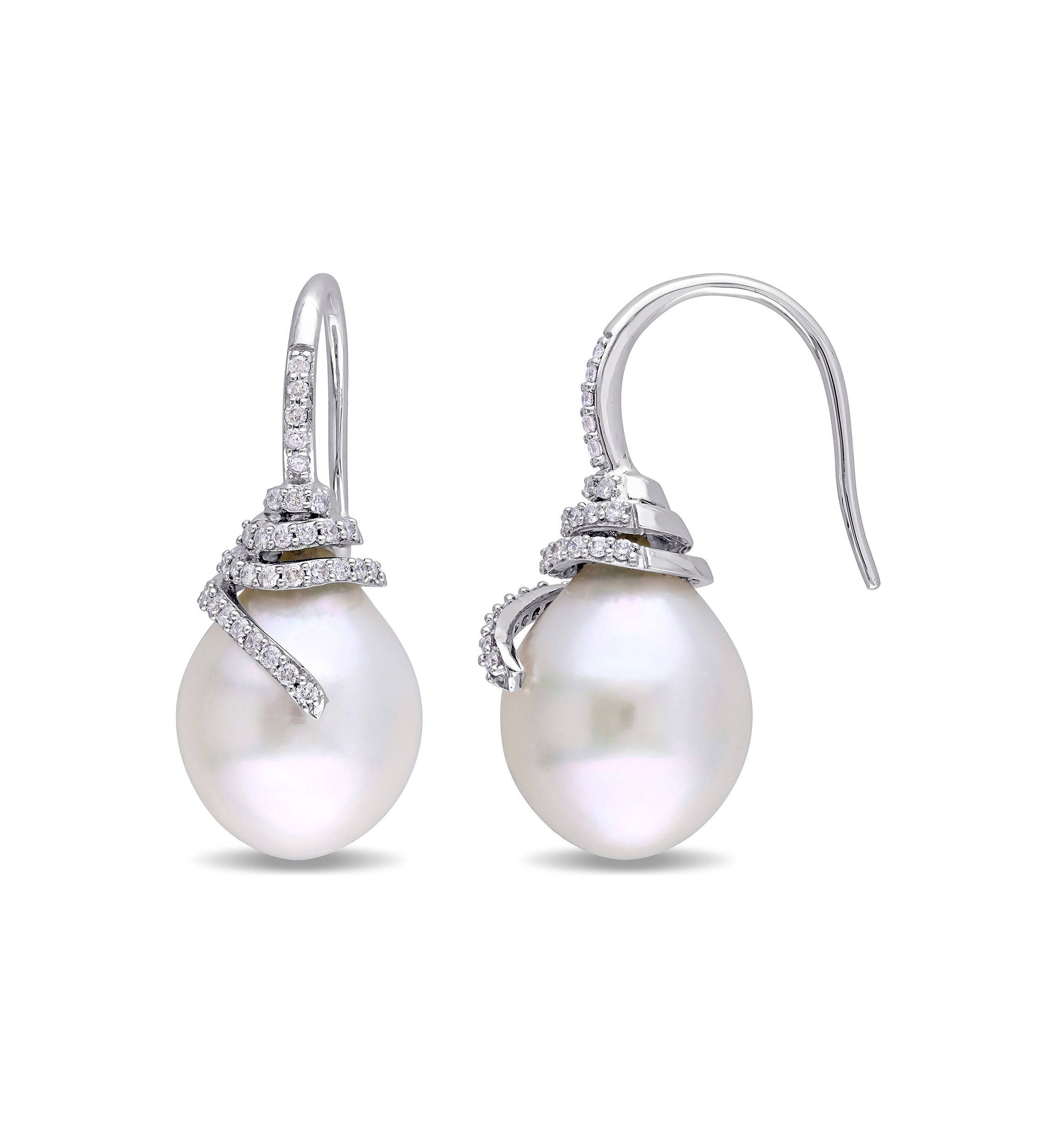 10-10.5 Millimeter South Sea Cultured Pearl and 1/3 ct. t.w. Diamond Spiral Drop Earrings in 14k White Gold