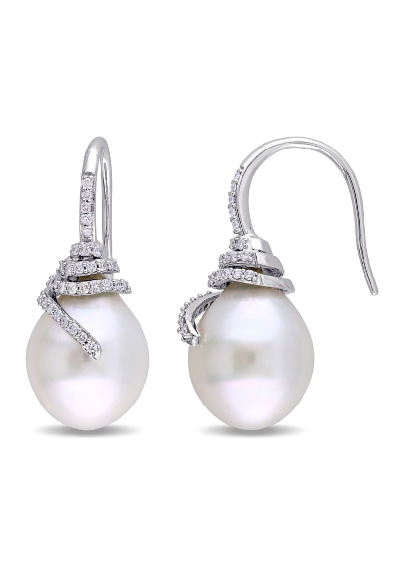 10-10.5 Millimeter South Sea Cultured Pearl and 1/3 ct. t.w. Diamond Spiral Drop Earrings in 14k White Gold