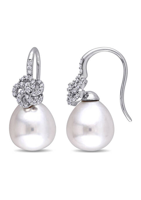 10-10.5 Millimeter South Sea Cultured Pearl and 1/4 ct. t.w. Diamond Floral Drop Earrings in 14k White Gold