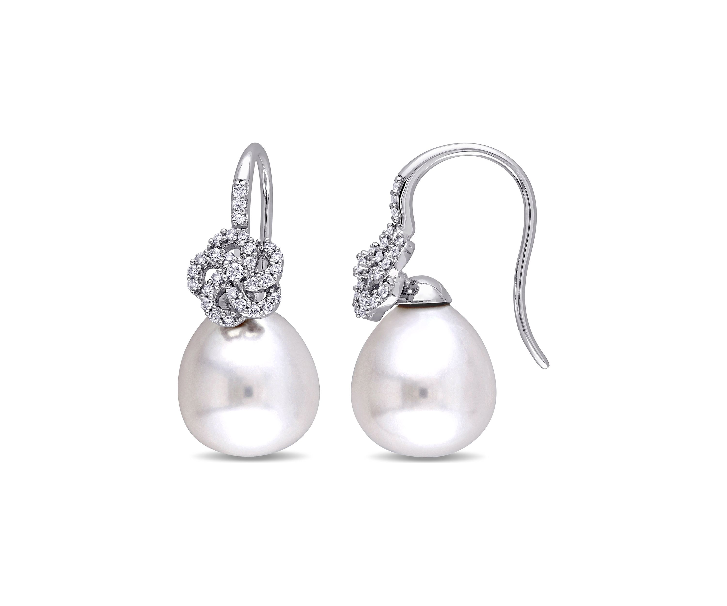 10-10.5 Millimeter South Sea Cultured Pearl and 1/4 ct. t.w. Diamond Floral Drop Earrings in 14k White Gold