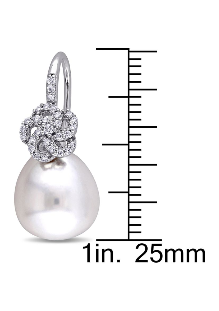 10-10.5 Millimeter South Sea Cultured Pearl and 1/4 ct. t.w. Diamond Floral Drop Earrings in 14k White Gold