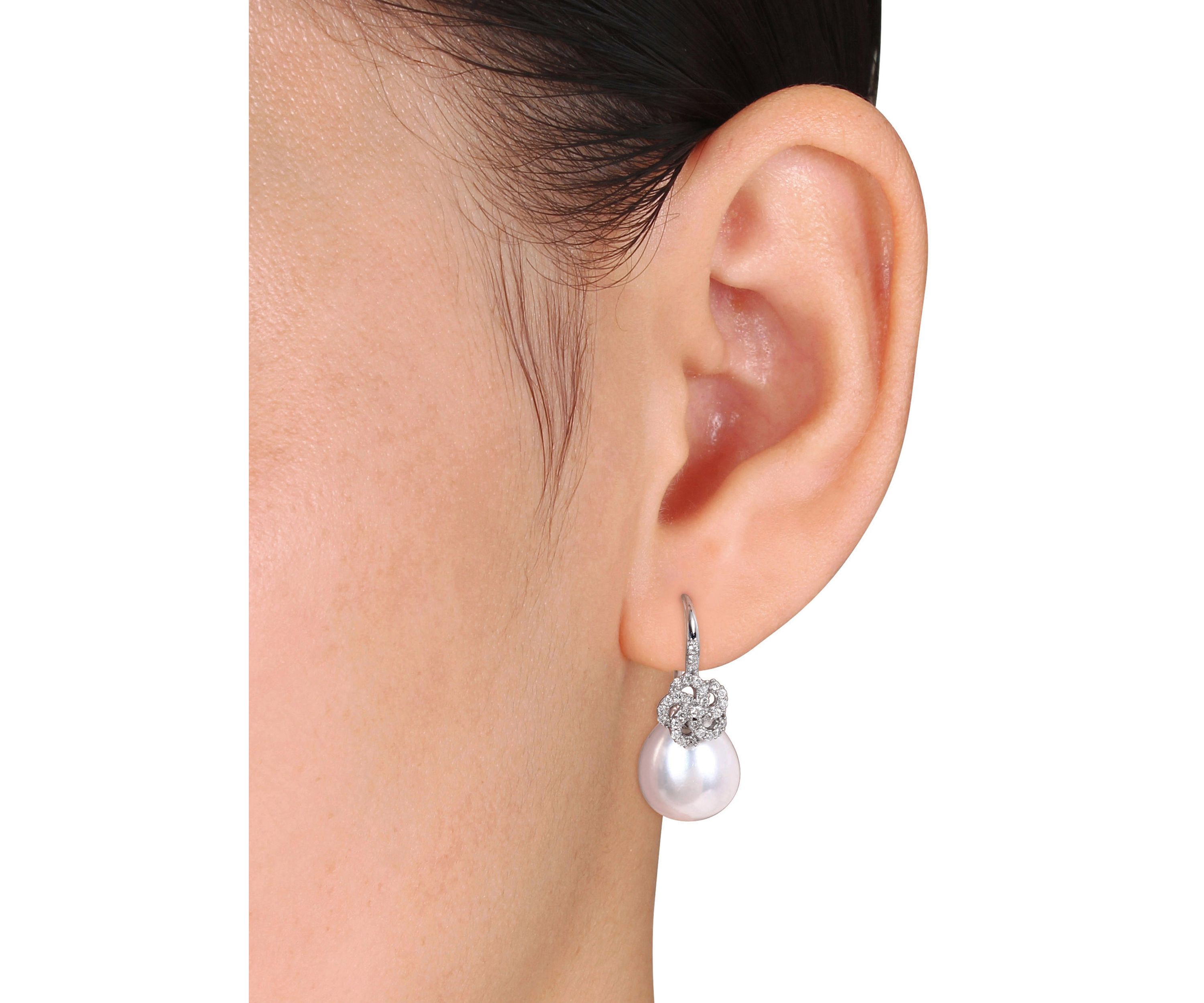 10-10.5 Millimeter South Sea Cultured Pearl and 1/4 ct. t.w. Diamond Floral Drop Earrings in 14k White Gold