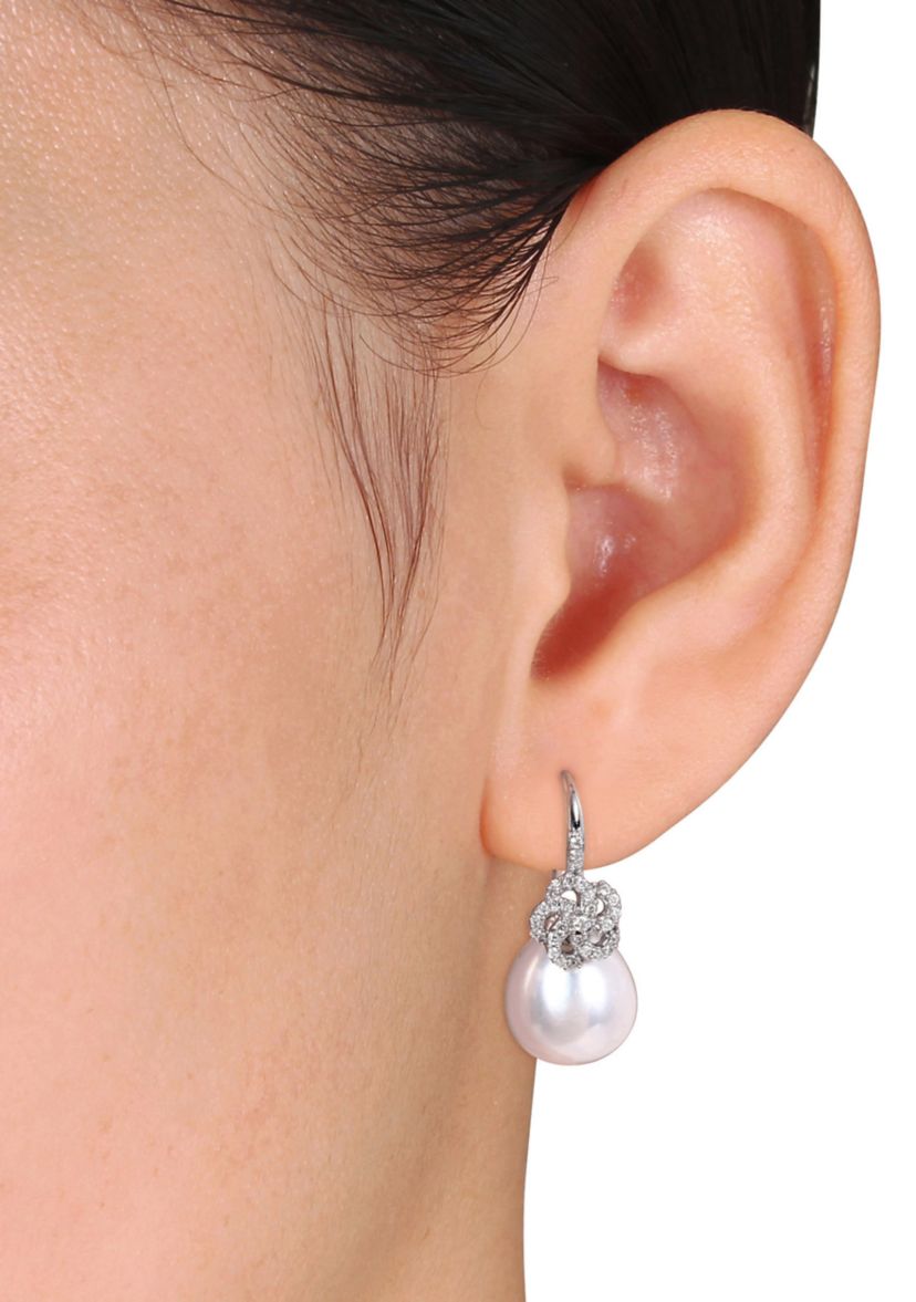 10-10.5 Millimeter South Sea Cultured Pearl and 1/4 ct. t.w. Diamond Floral Drop Earrings in 14k White Gold