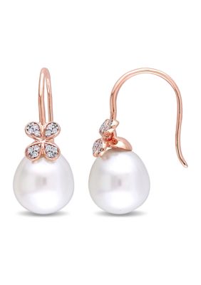 Belk & Co 11.5-12 Millimeter South Sea Cultured Pearl And 1/8 Ct. T.w. Diamond Petal Earrings In 14K Rose Gold