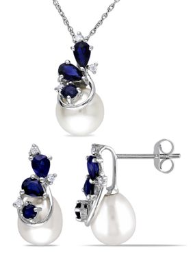 Belk & Co 2-Piece Set 7.5-9 Millimeter Cultured Freshwater Pearl, Blue Sapphire And 1/10 Ct. T.w. Diamond 3-Stone Earrings And Necklace In 10K White