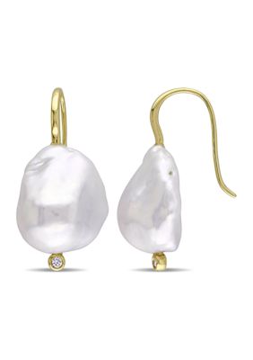 Belk & Co 14-14.5 Millimeter Cultured Freshwater Baroque Pearl and Diamond Hook Earrings in 14k Yellow Gold