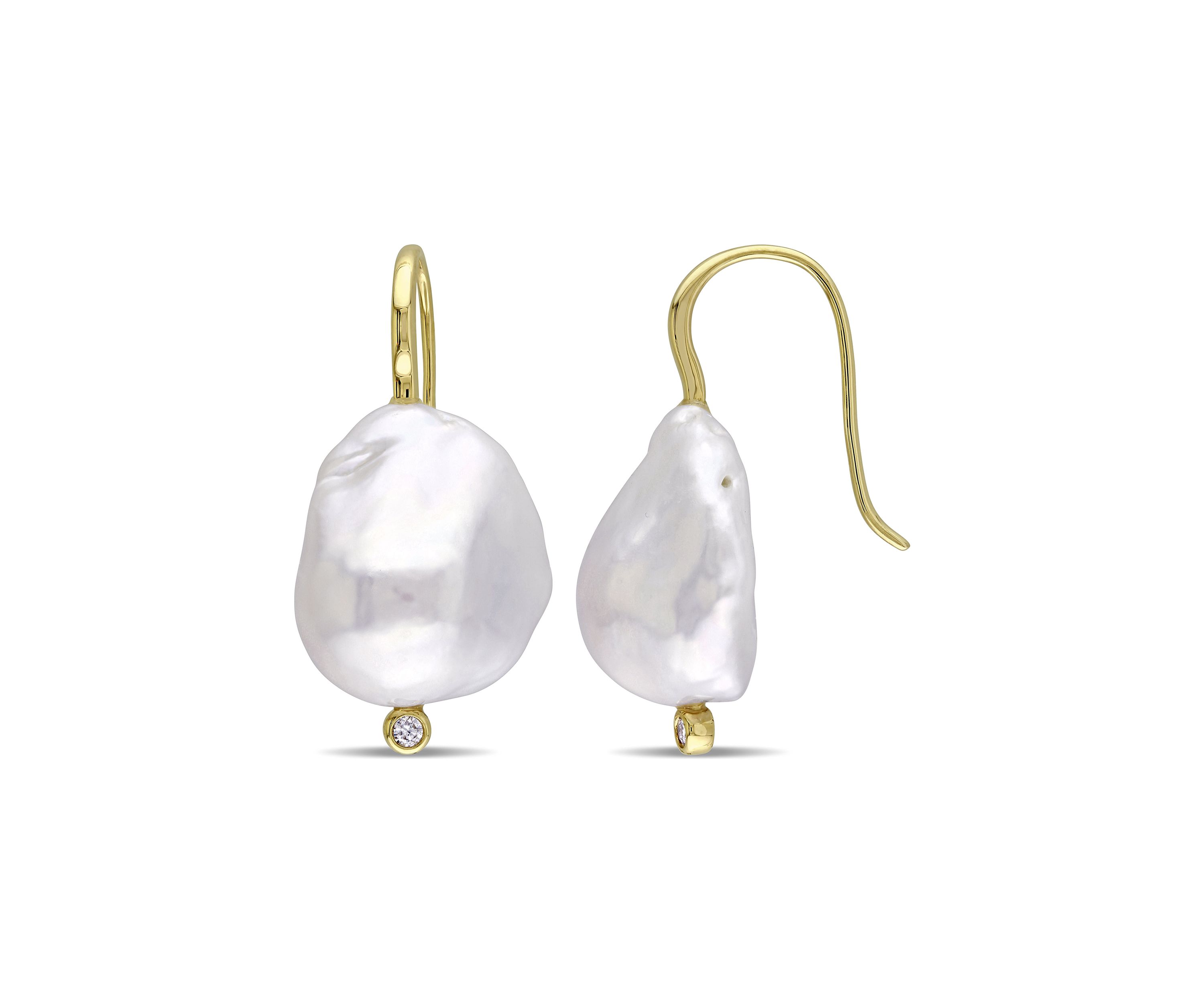 14-14.5 Millimeter Cultured Freshwater Baroque Pearl and Diamond Hook Earrings in 14k Yellow Gold
